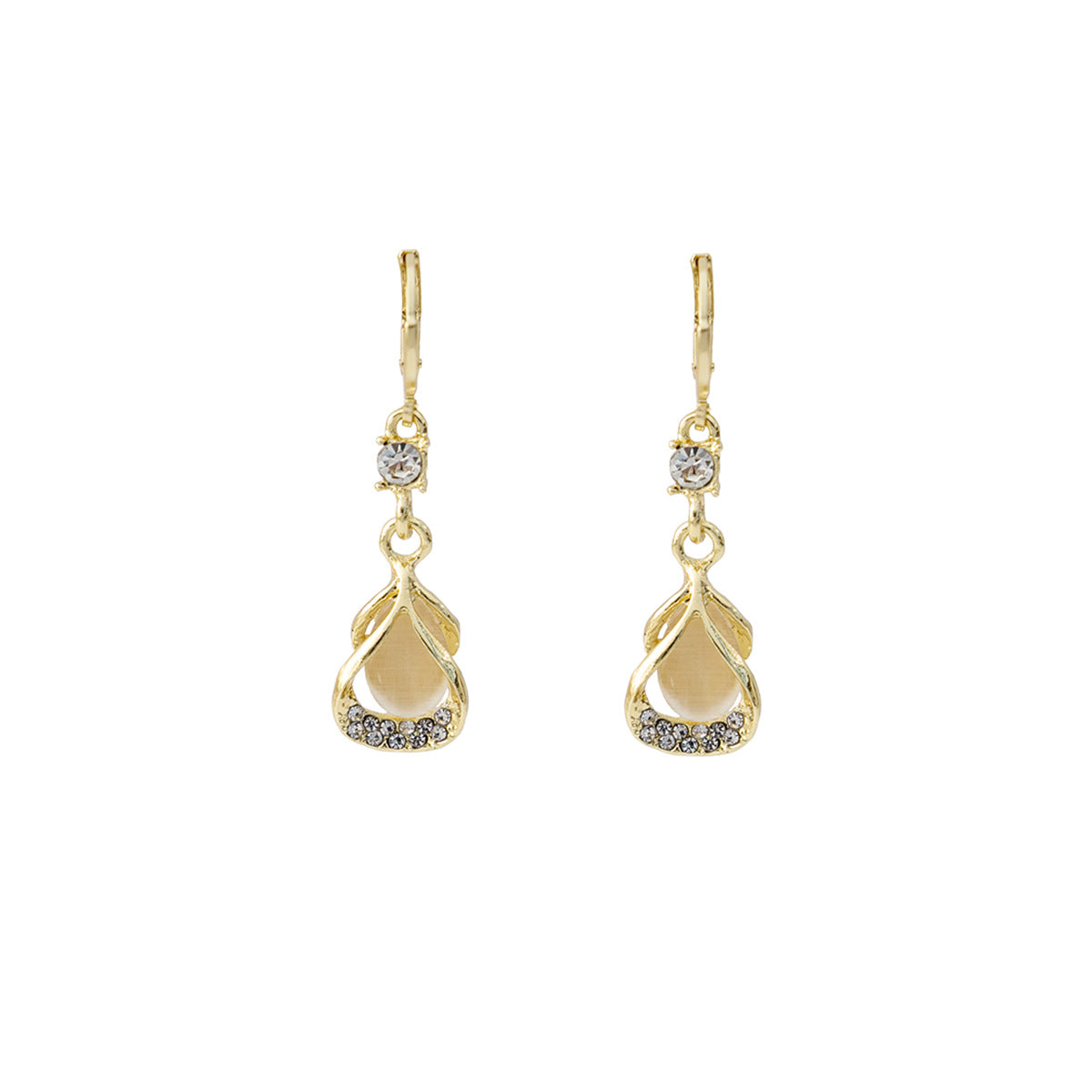 Wholesale Cat's Eye Stone Diamond Droplet Hollow Alloy Earrings